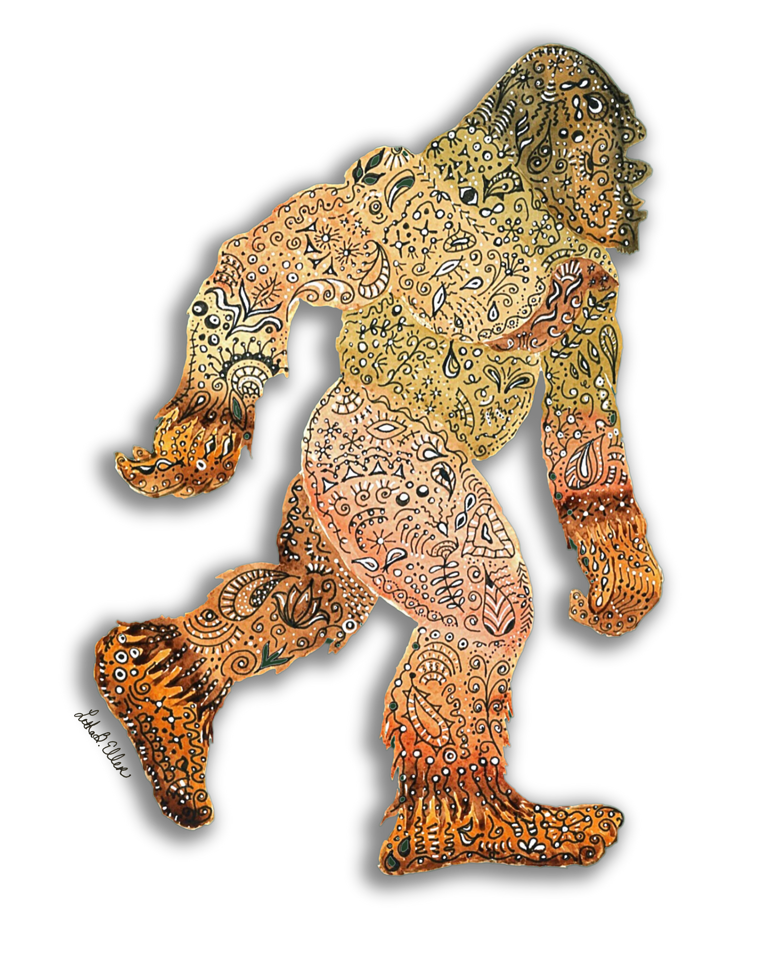 Bigfoot Watercolor Painting with Ink Designs Handpainted Sasquatch Yeti