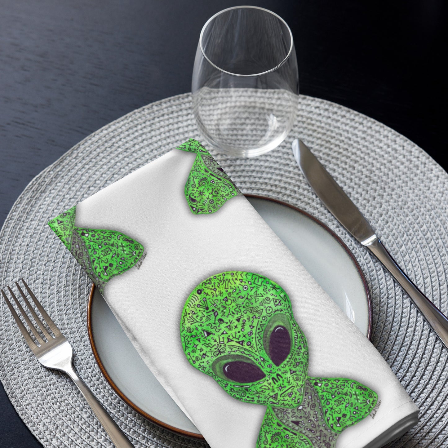 Alien Original Art Unique Cloth Napkin Set - Set of Hand-Painted Alien Linens, SciFi Themed Table Decor, Ideal Gift for UFO Enthusiast