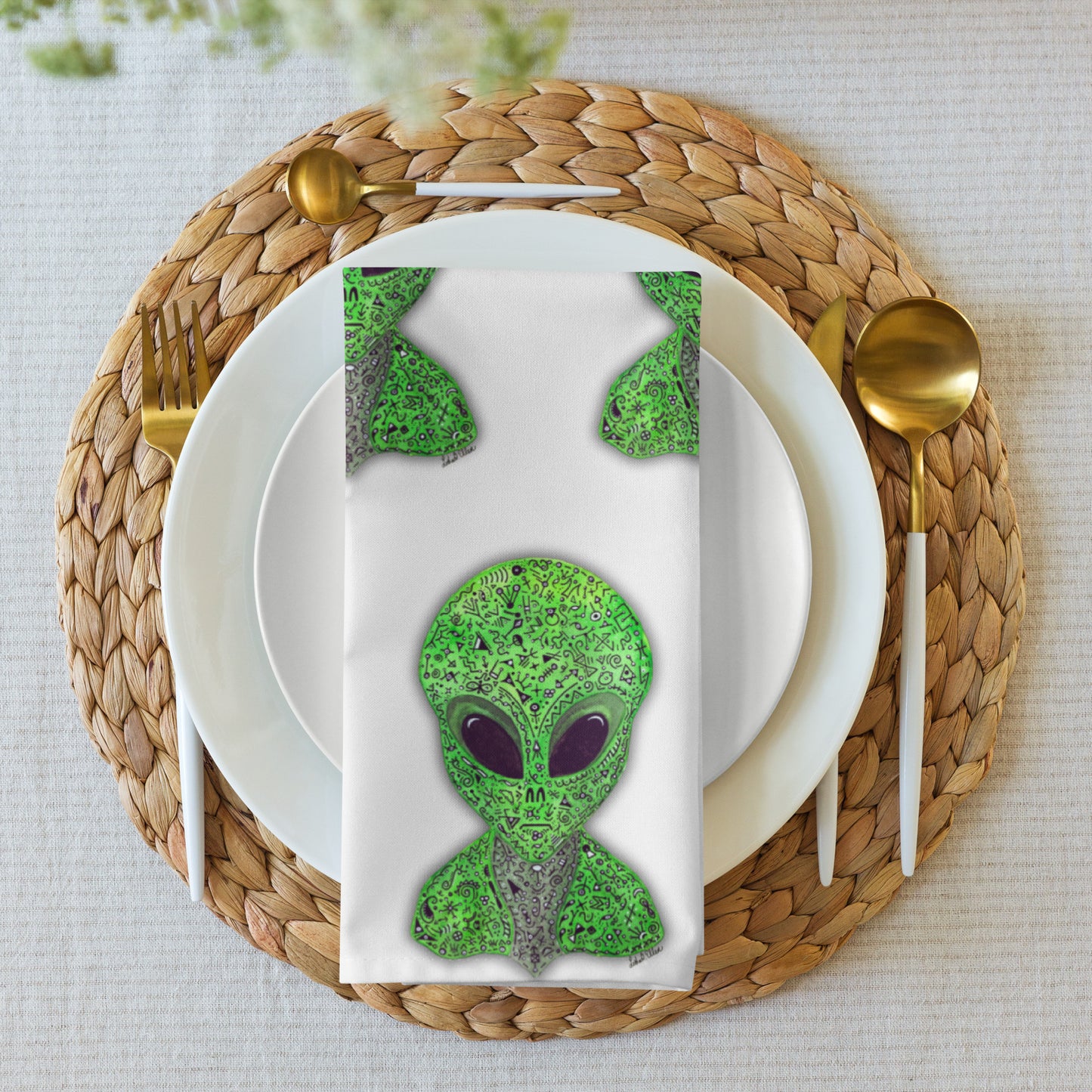 Alien Original Art Unique Cloth Napkin Set - Set of Hand-Painted Alien Linens, SciFi Themed Table Decor, Ideal Gift for UFO Enthusiast
