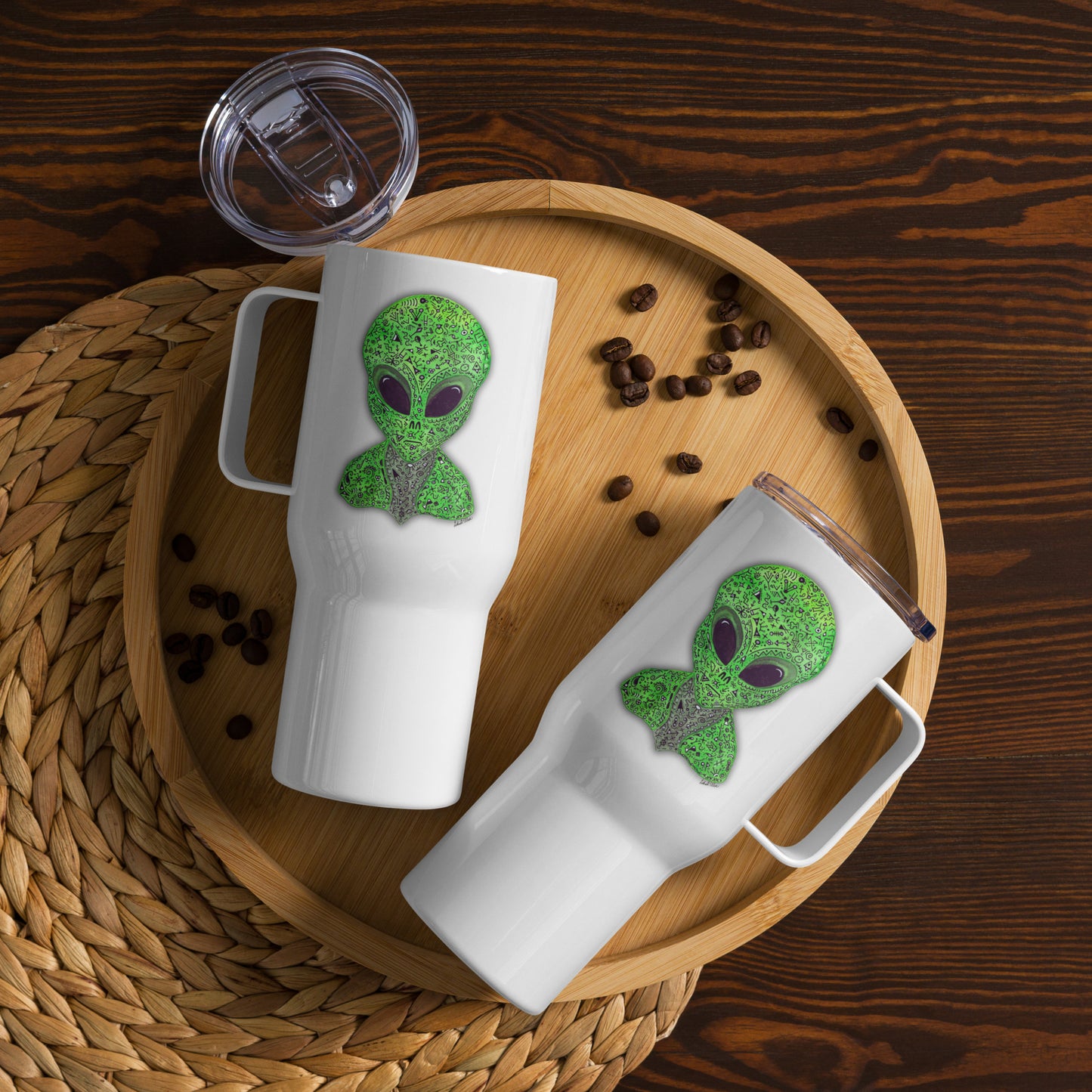 Alien Travel Mug with Handle & Original Art -On-the-Go Beverages - Unique Geek Gift
