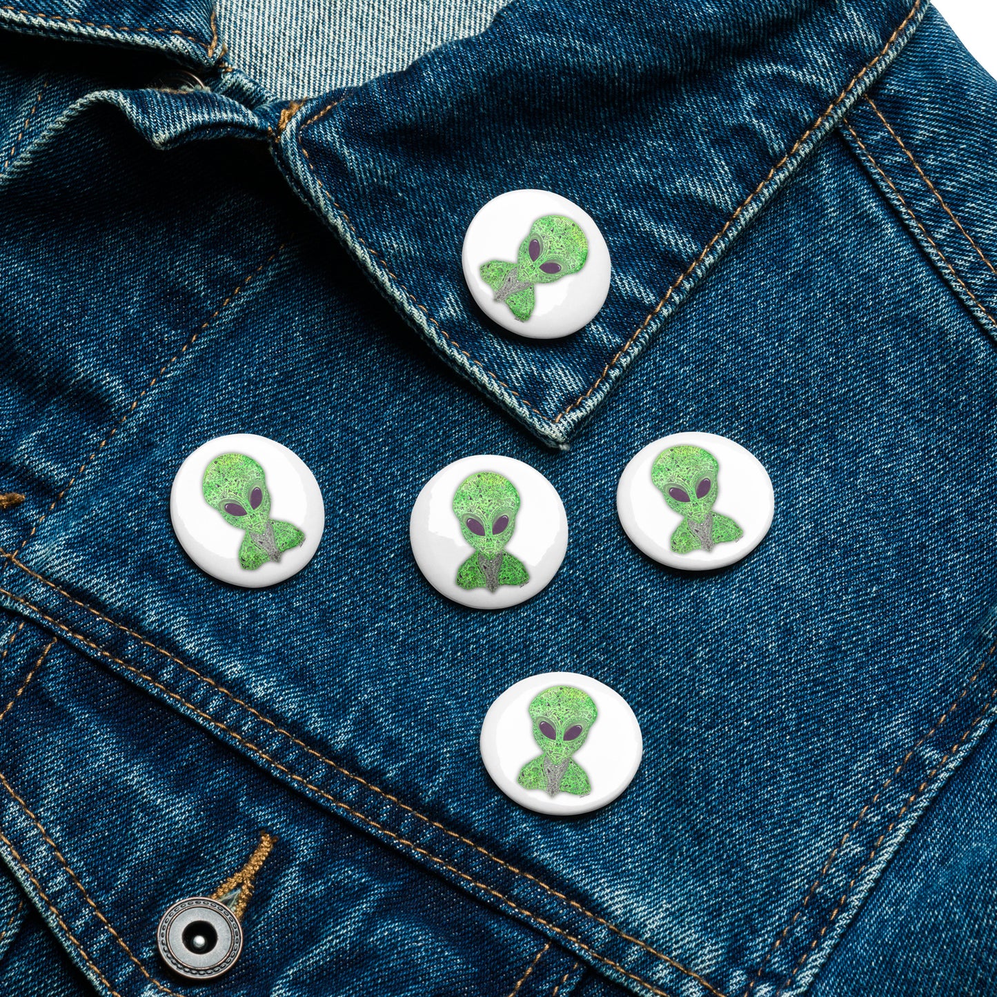 Alien Sci-Fi Button Set Collection - Original Art Pins, Set of 5, Fun UFO Enthusiast Gift, Cosmic Accessory for Bags, Bookbags, Purses