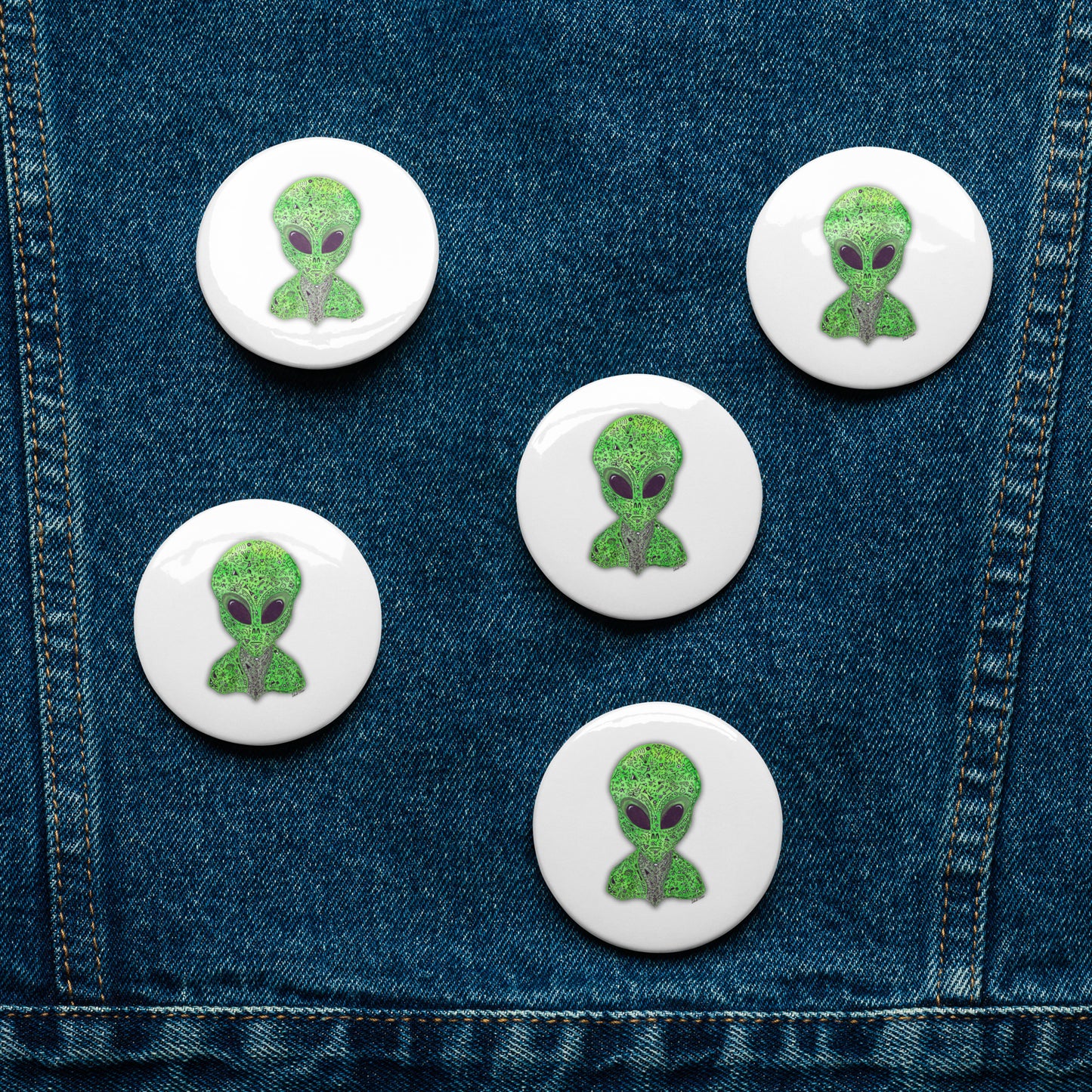 Alien Sci-Fi Button Set Collection - Original Art Pins, Set of 5, Fun UFO Enthusiast Gift, Cosmic Accessory for Bags, Bookbags, Purses