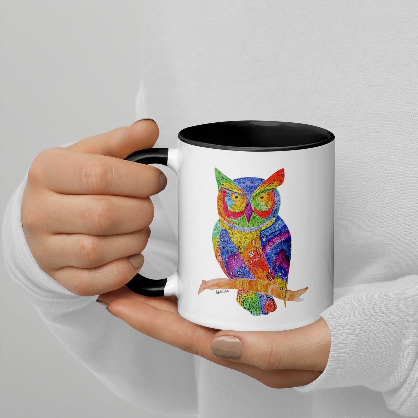 Owl Mug Featuring Original Hennamal Art & Colorful Interior- Cozy Tea Cup - Great Birthday or Housewarming Gift