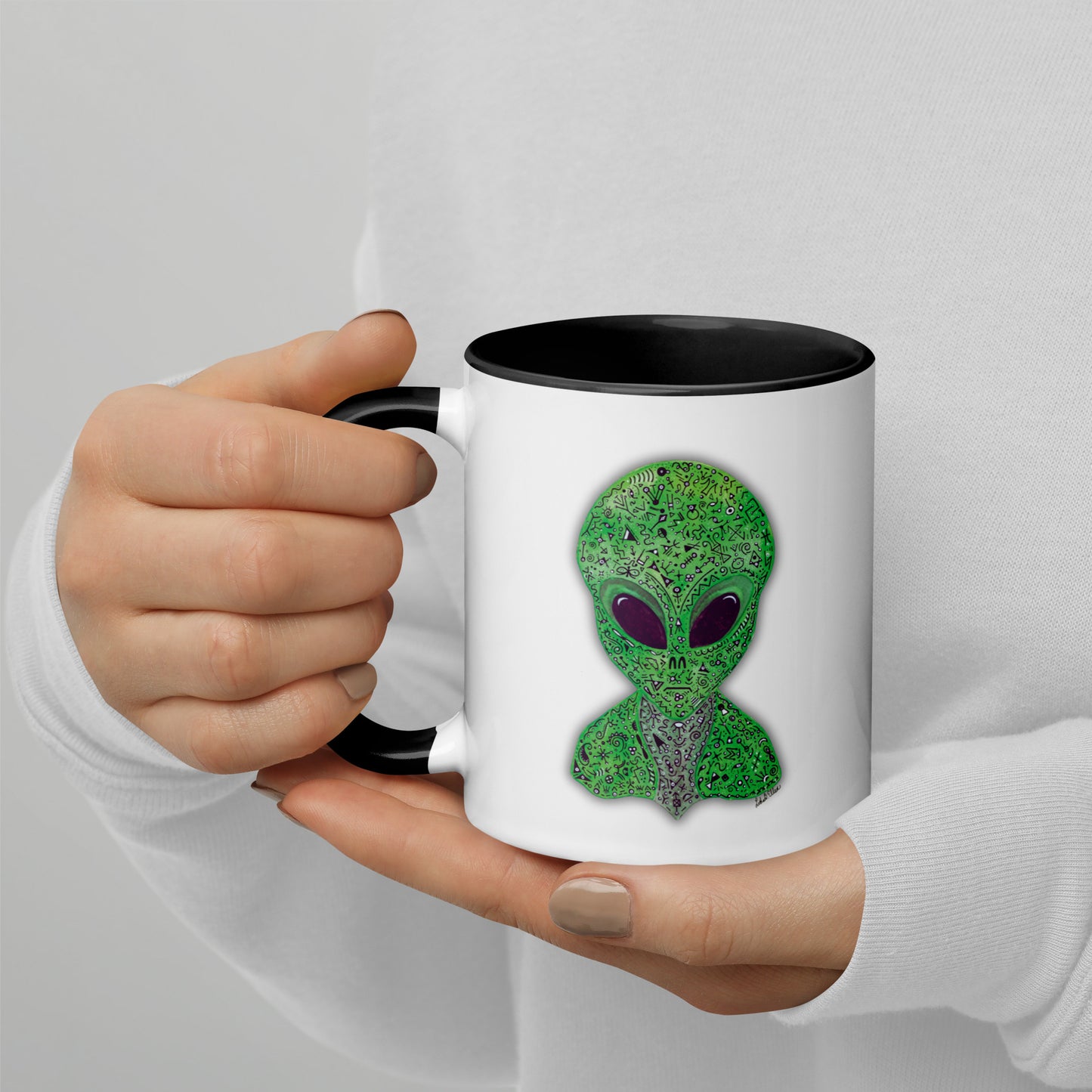 Alien Mug with Colorful Interior, Original Painting, Extraterrestrial Art, Unique Coffee Cup, Perfect Gift for SciFi Lovers, Cosmic Alien Mug