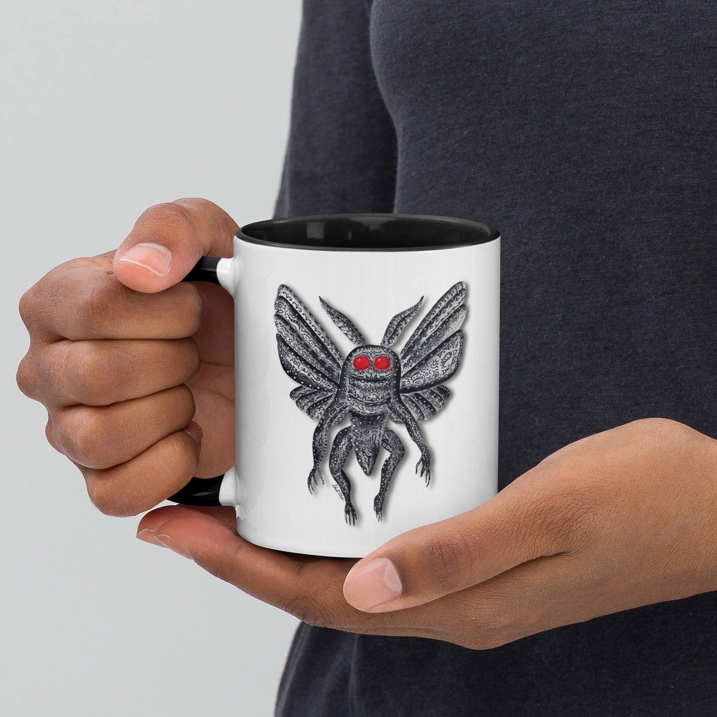 Mothman Mug with Color Inside, Original Artwork Coffee Cup, Unique Cryptid Lover's Gift