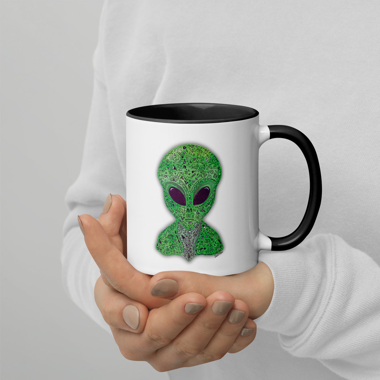 Alien Mug with Colorful Interior, Original Painting, Extraterrestrial Art, Unique Coffee Cup, Perfect Gift for SciFi Lovers, Cosmic Alien Mug