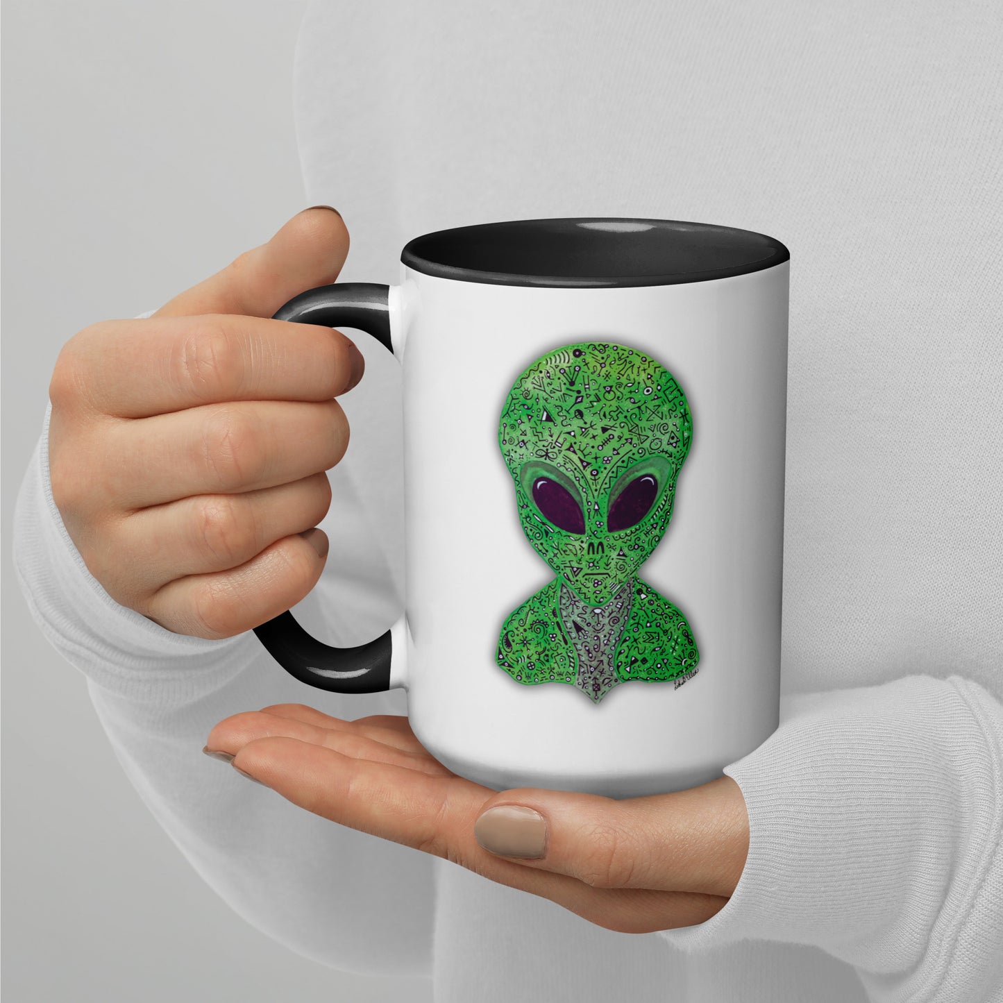 Alien Mug with Colorful Interior, Original Painting, Extraterrestrial Art, Unique Coffee Cup, Perfect Gift for SciFi Lovers, Cosmic Alien Mug