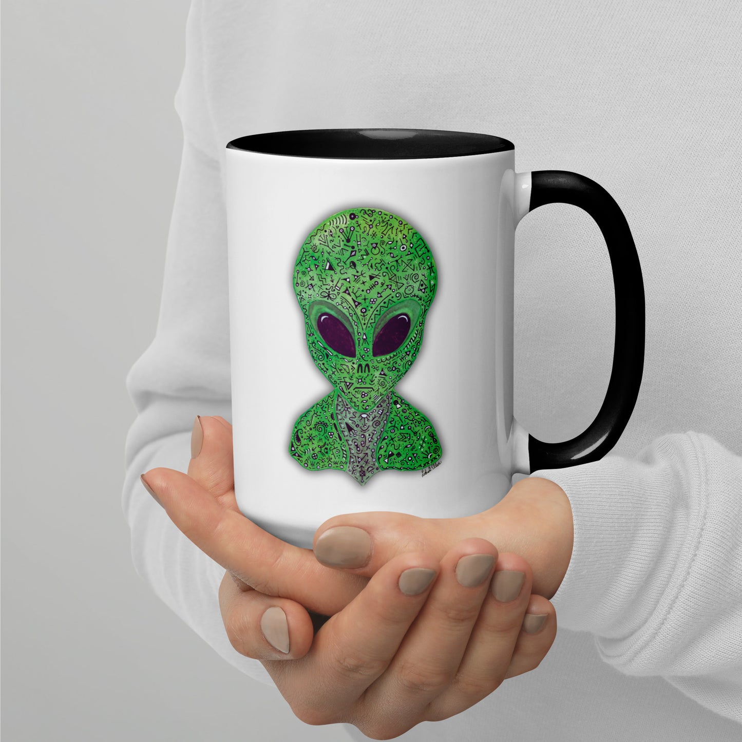 Alien Mug with Colorful Interior, Original Painting, Extraterrestrial Art, Unique Coffee Cup, Perfect Gift for SciFi Lovers, Cosmic Alien Mug