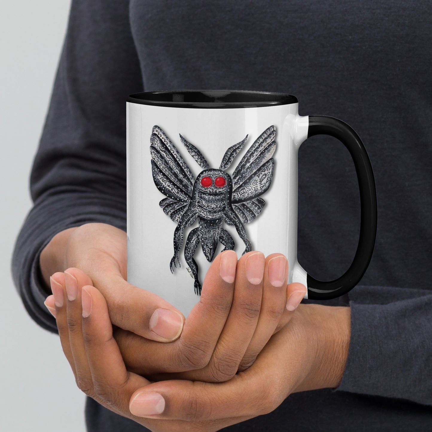 Mothman Mug with Color Inside, Original Artwork Coffee Cup, Unique Cryptid Lover's Gift