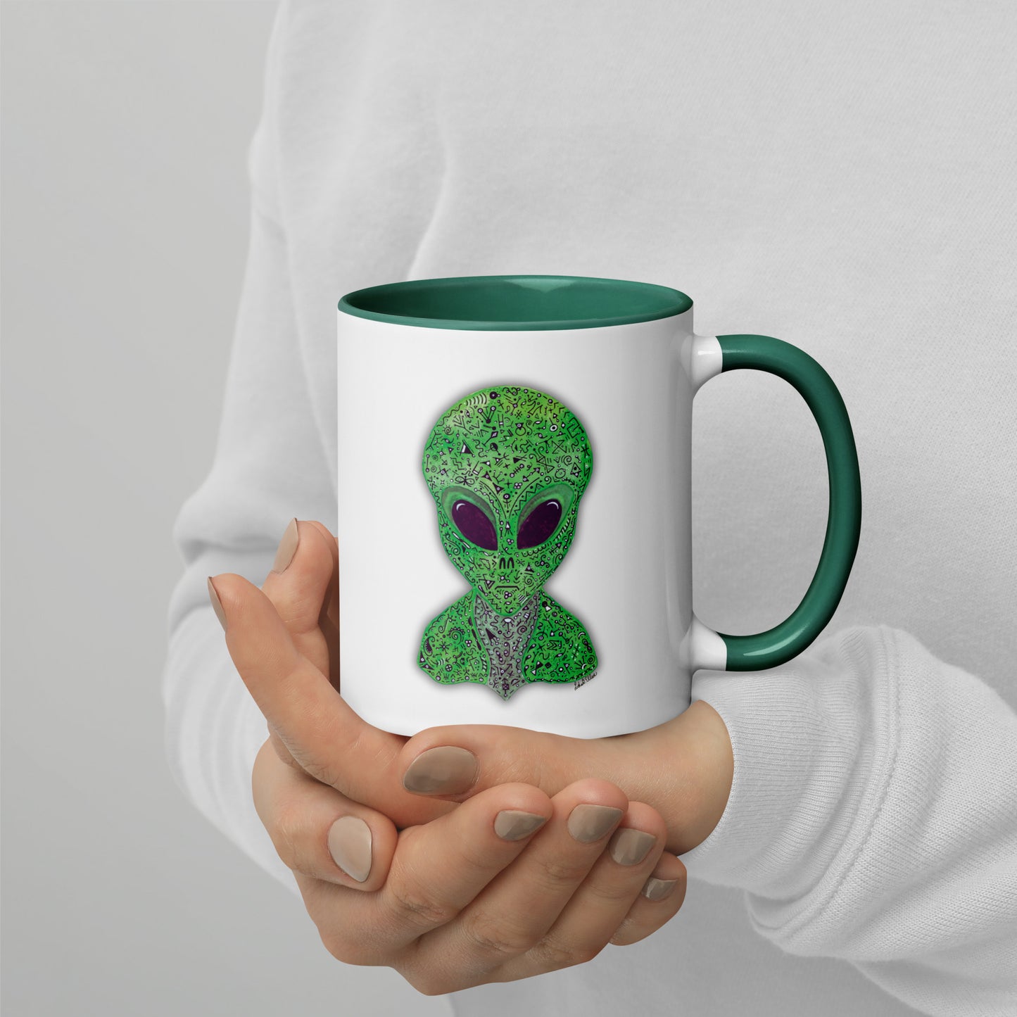 Alien Mug with Colorful Interior, Original Painting, Extraterrestrial Art, Unique Coffee Cup, Perfect Gift for SciFi Lovers, Cosmic Alien Mug