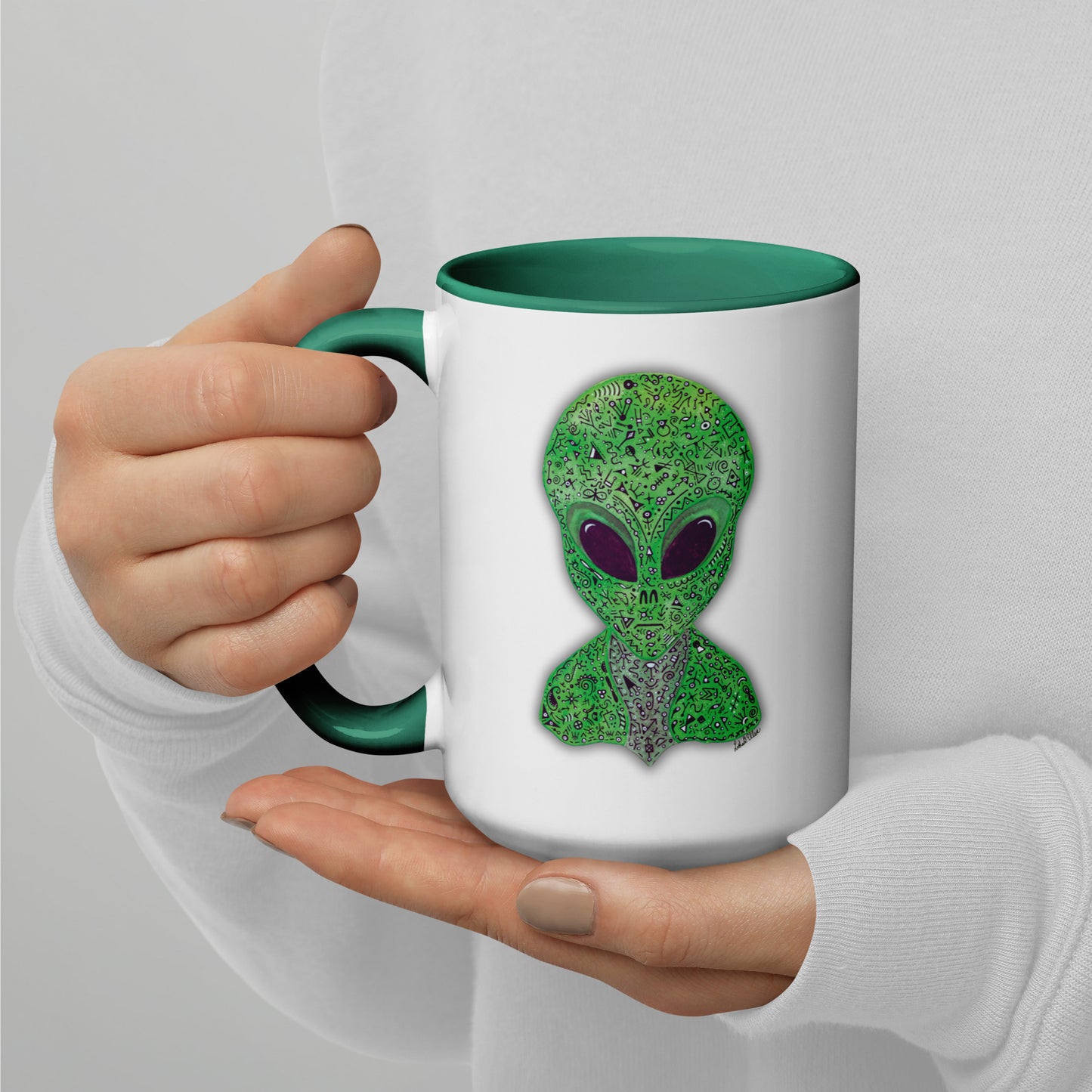 Alien Mug with Colorful Interior, Original Painting, Extraterrestrial Art, Unique Coffee Cup, Perfect Gift for SciFi Lovers, Cosmic Alien Mug