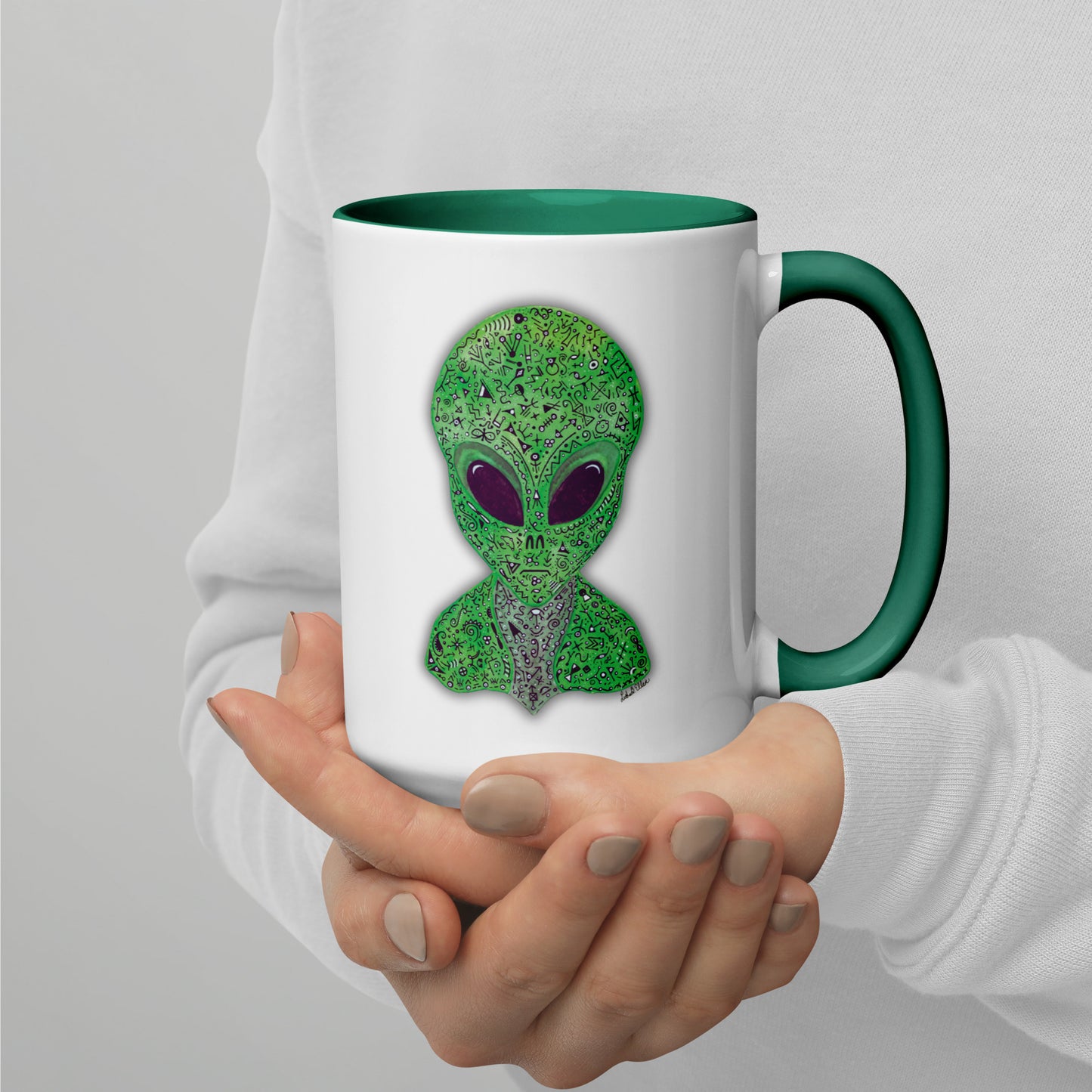 Alien Mug with Colorful Interior, Original Painting, Extraterrestrial Art, Unique Coffee Cup, Perfect Gift for SciFi Lovers, Cosmic Alien Mug