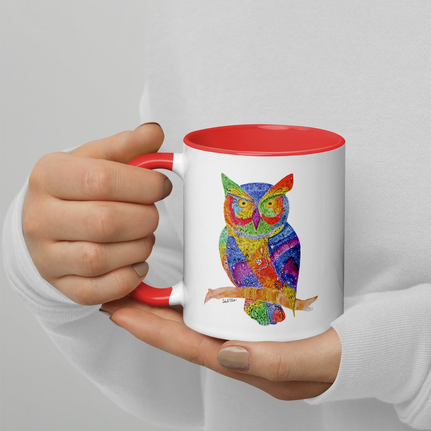 Owl Mug Featuring Original Hennamal Art & Colorful Interior- Cozy Tea Cup - Great Birthday or Housewarming Gift