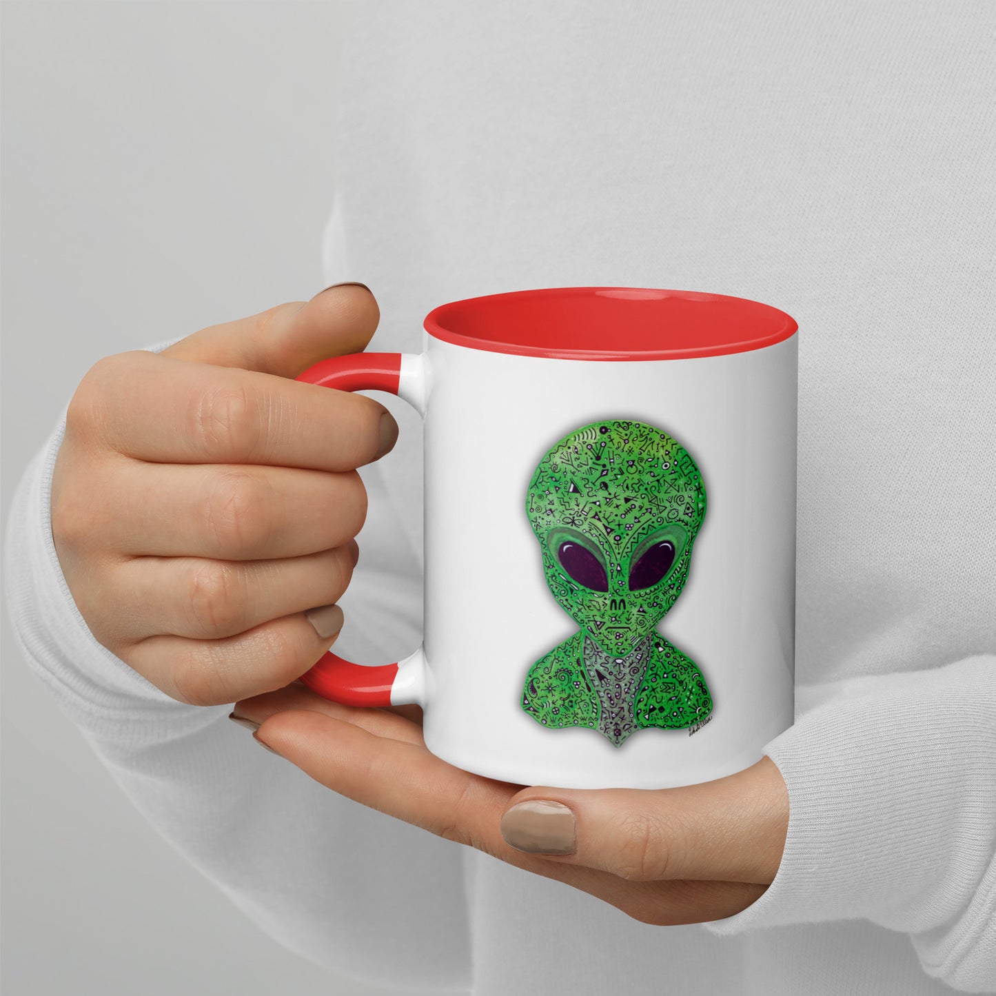 Alien Mug with Colorful Interior, Original Painting, Extraterrestrial Art, Unique Coffee Cup, Perfect Gift for SciFi Lovers, Cosmic Alien Mug