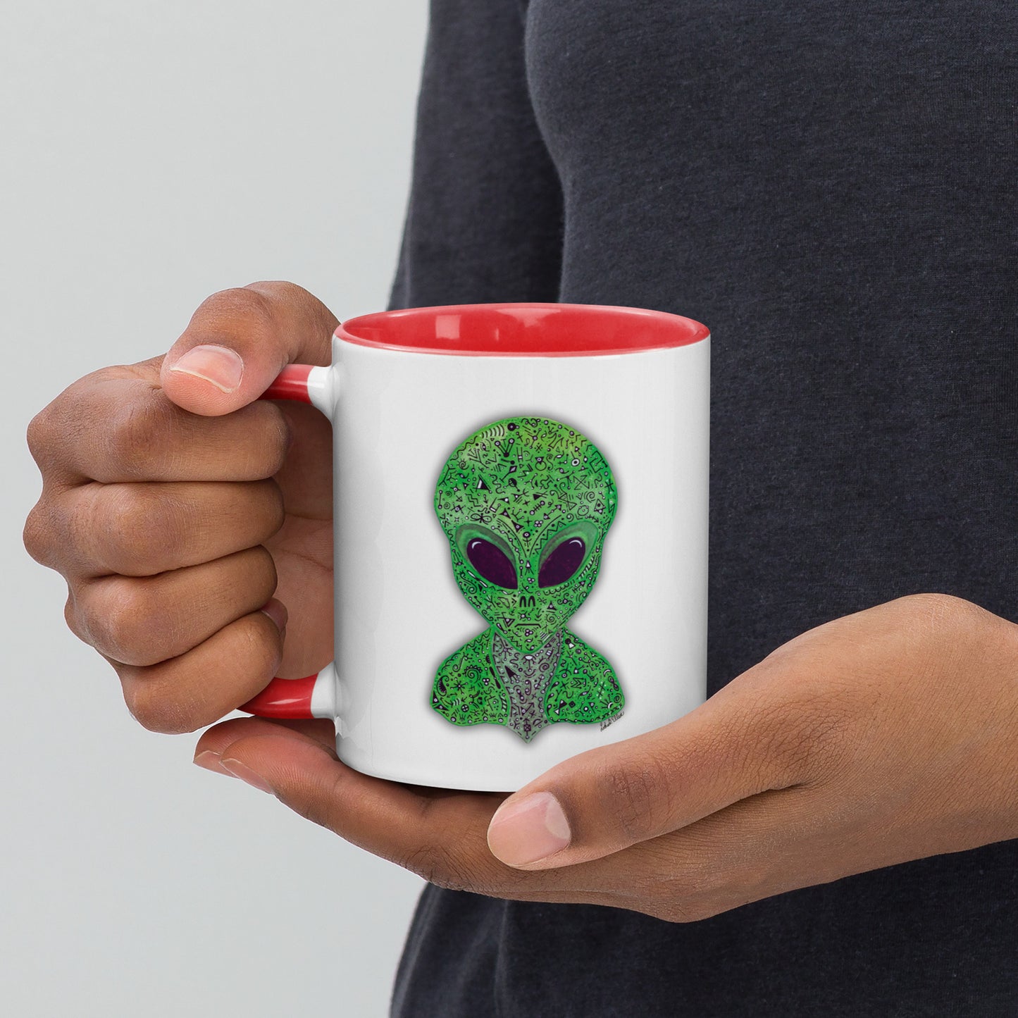 Alien Mug with Colorful Interior, Original Painting, Extraterrestrial Art, Unique Coffee Cup, Perfect Gift for SciFi Lovers, Cosmic Alien Mug