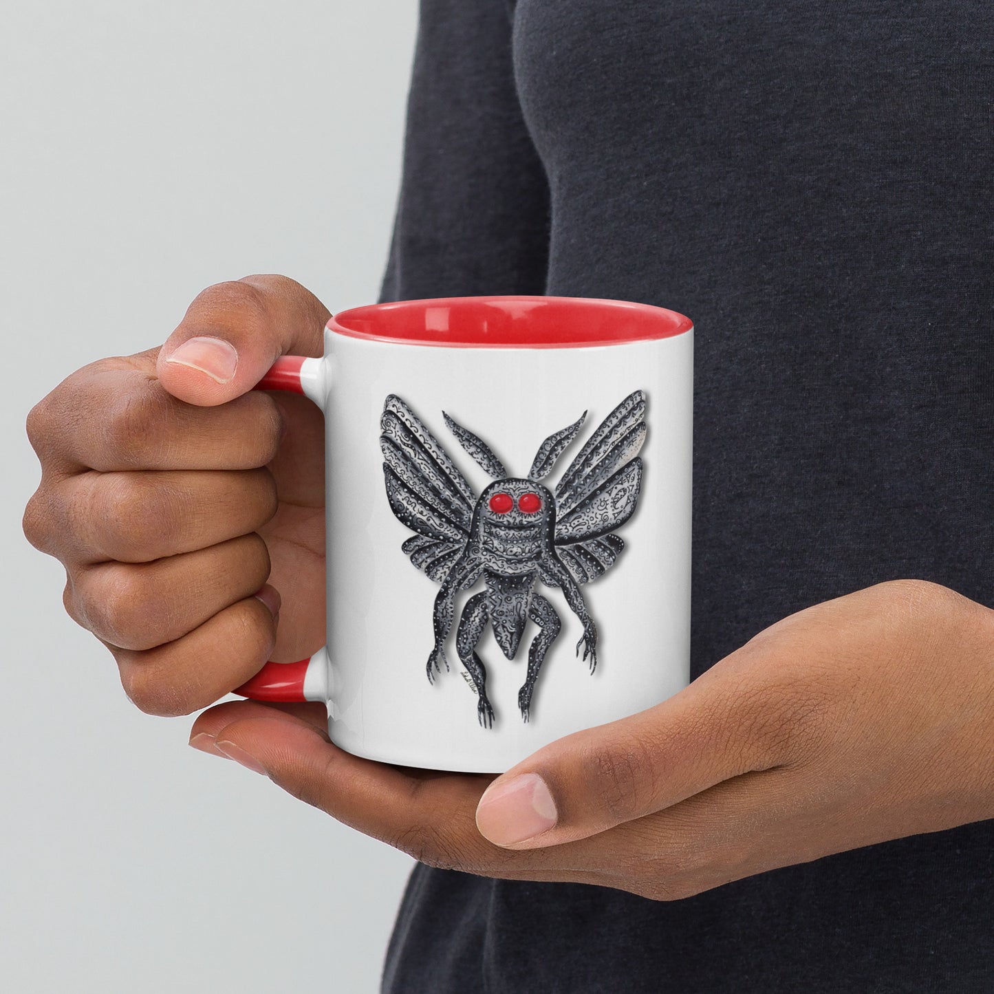 Mothman Mug with Color Inside, Original Artwork Coffee Cup, Unique Cryptid Lover's Gift