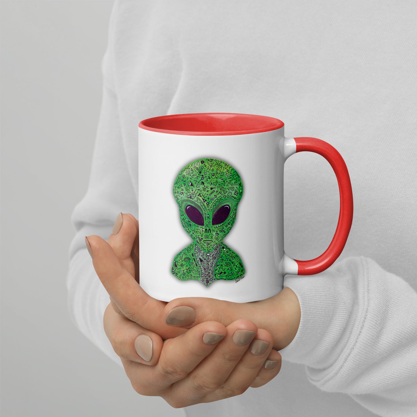 Alien Mug with Colorful Interior, Original Painting, Extraterrestrial Art, Unique Coffee Cup, Perfect Gift for SciFi Lovers, Cosmic Alien Mug