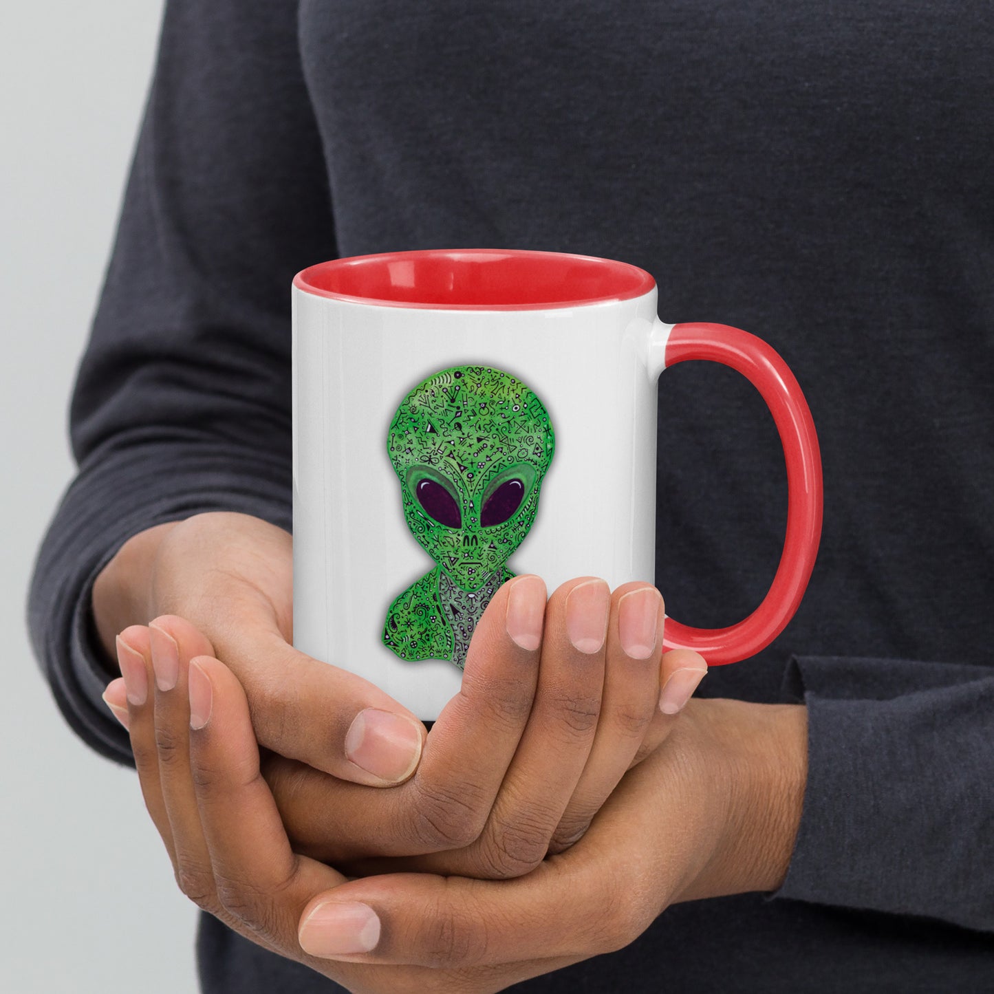 Alien Mug with Colorful Interior, Original Painting, Extraterrestrial Art, Unique Coffee Cup, Perfect Gift for SciFi Lovers, Cosmic Alien Mug