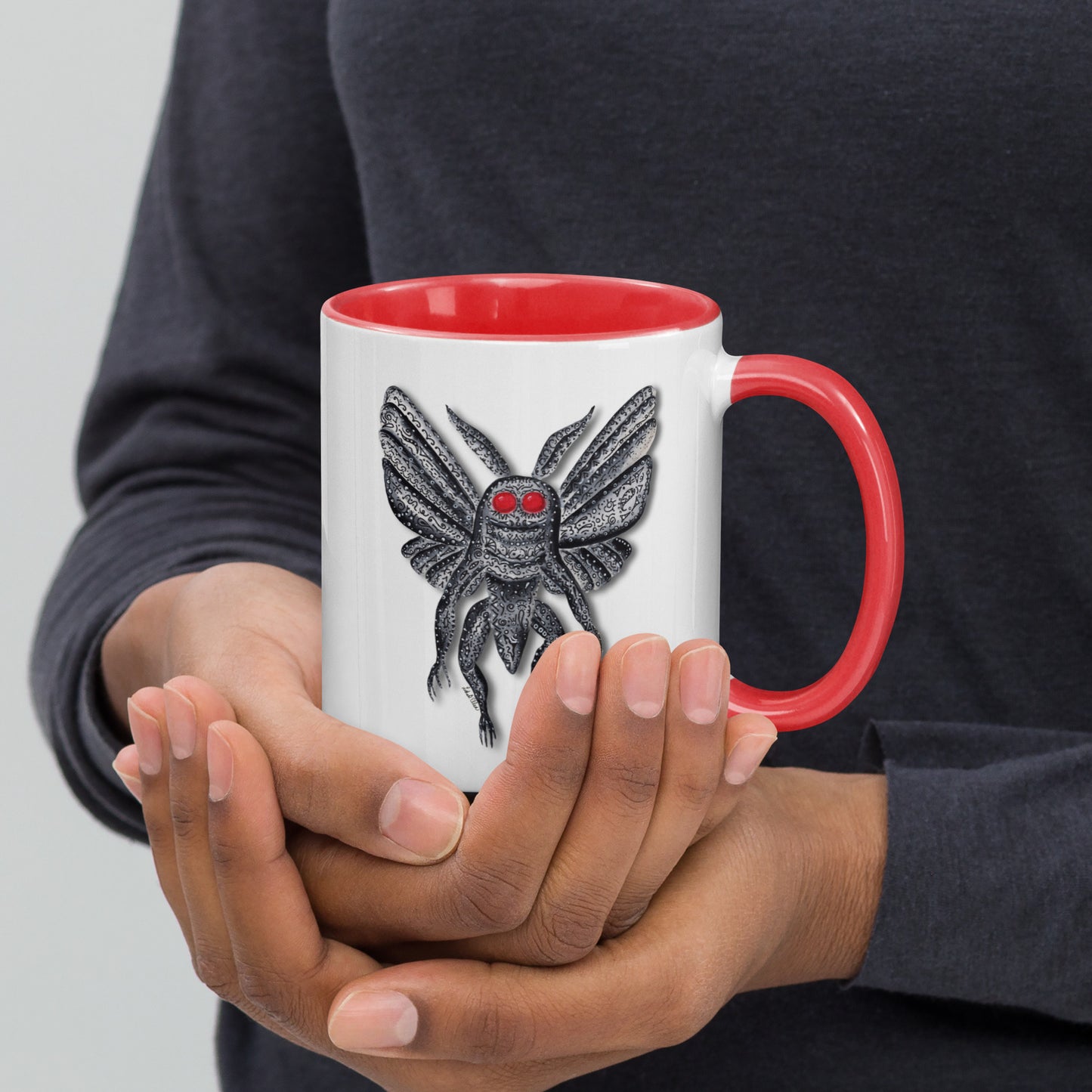 Mothman Mug with Color Inside, Original Artwork Coffee Cup, Unique Cryptid Lover's Gift