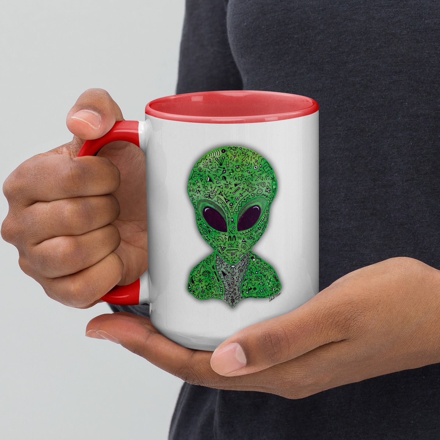 Alien Mug with Colorful Interior, Original Painting, Extraterrestrial Art, Unique Coffee Cup, Perfect Gift for SciFi Lovers, Cosmic Alien Mug