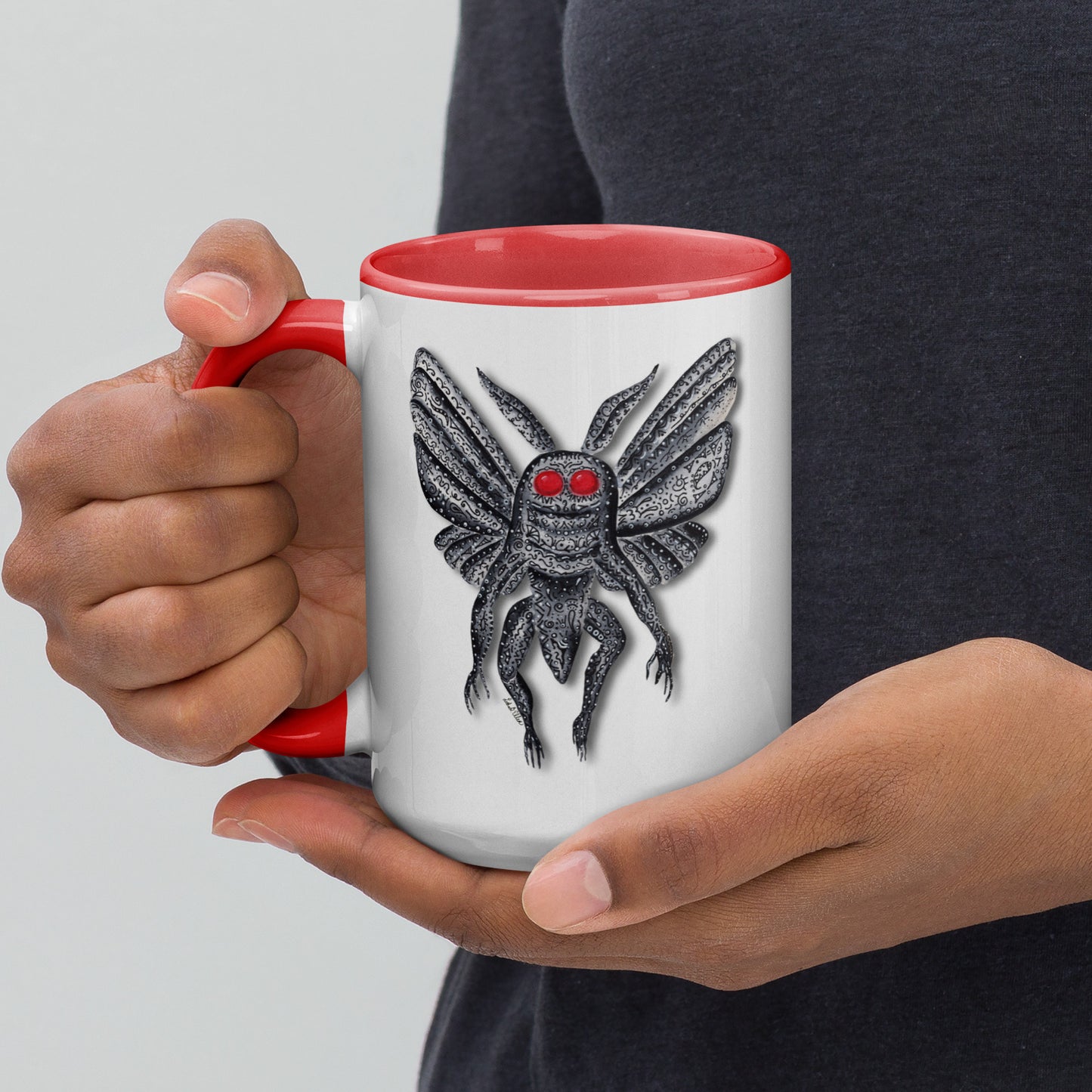 Mothman Mug with Color Inside, Original Artwork Coffee Cup, Unique Cryptid Lover's Gift