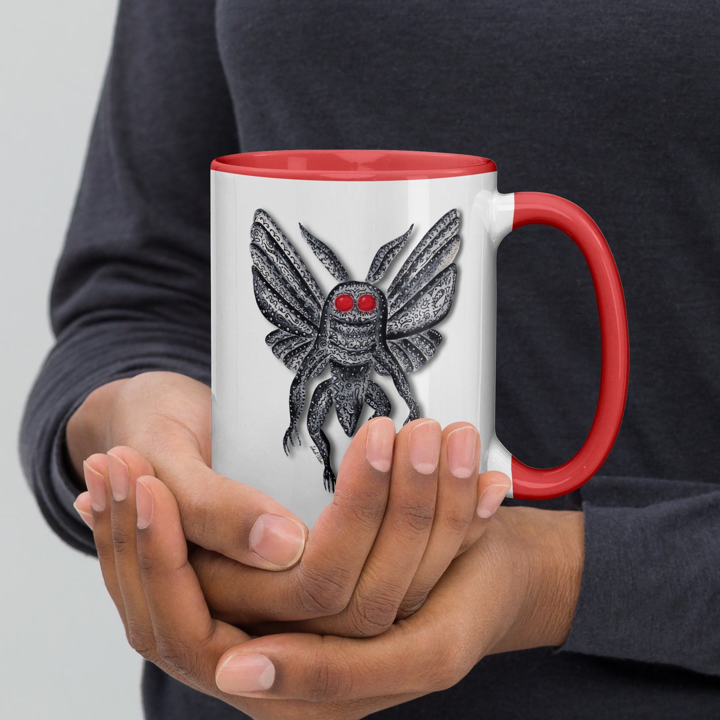 Mothman Mug with Color Inside, Original Artwork Coffee Cup, Unique Cryptid Lover's Gift